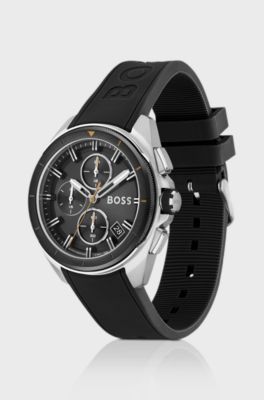 Black-dial chronograph watch with black silicone strap, Black