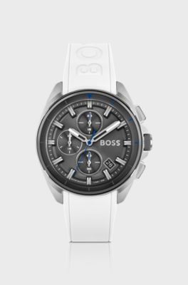 Grey-dial chronograph watch with white silicone strap, White