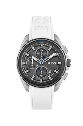 Grey-dial chronograph watch with white silicone strap