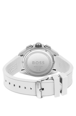Grey-dial chronograph watch with white silicone strap, White