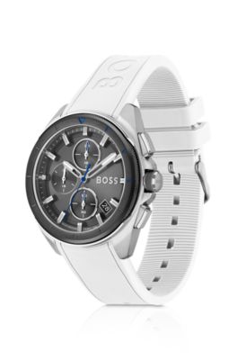 Grey-dial chronograph watch with white silicone strap, White