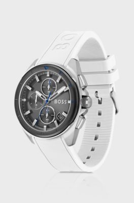 Grey-dial chronograph watch with white silicone strap, White
