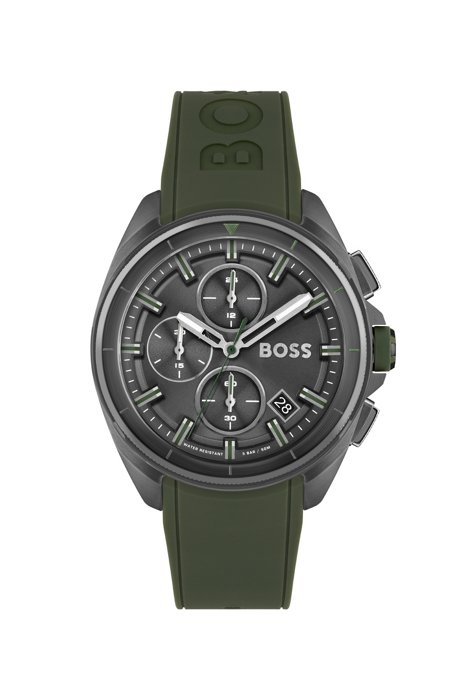 Grey-plated chronograph watch with olive silicone strap, Assorted-Pre-Pack