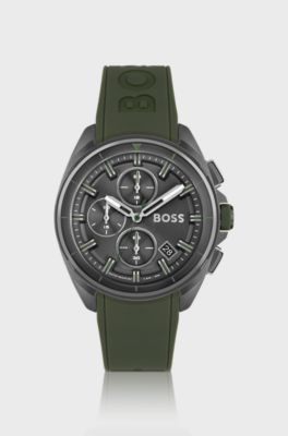 Grey-plated chronograph watch with olive silicone strap, Dark Green