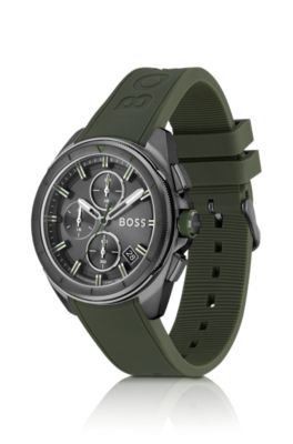 Grey-plated chronograph watch with olive silicone strap, Dark Green