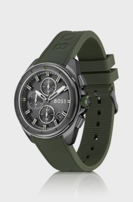 Grey-plated chronograph watch with olive silicone strap, Dark Green