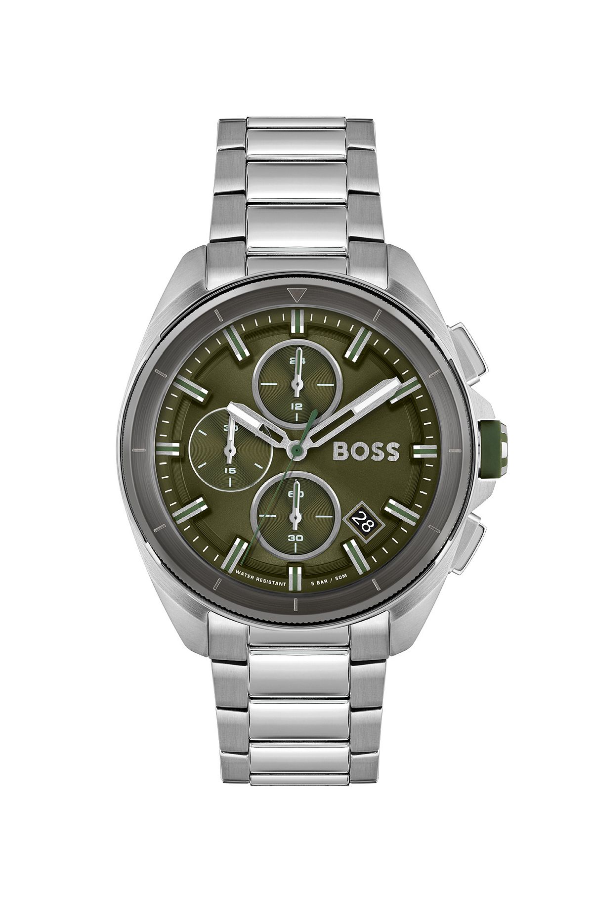 Olive-dial chronograph watch with link bracelet, Silver
