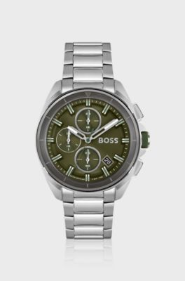 Olive-dial chronograph watch with link bracelet, Silver