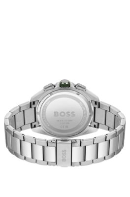 Montre chronographe avec cadran vert olive et bracelet &agrave; maillons, Argent