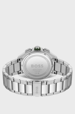 Olive-dial chronograph watch with link bracelet, Silver