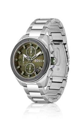 Montre chronographe avec cadran vert olive et bracelet &agrave; maillons, Argent