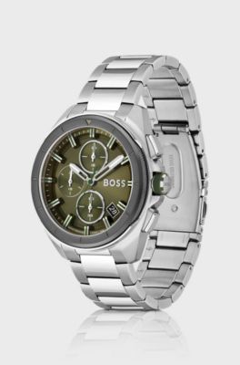 Olive-dial chronograph watch with link bracelet, Silver
