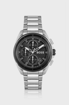 Black-dial chronograph watch with link bracelet, Silver