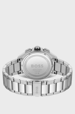 Black-dial chronograph watch with link bracelet, Silver