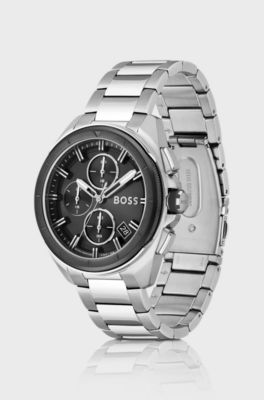 Black-dial chronograph watch with link bracelet, Silver