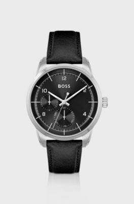 Black-dial multi-eye watch with leather strap, Black