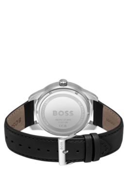 Black-dial multi-eye watch with leather strap, Black