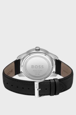 Black-dial multi-eye watch with leather strap, Black