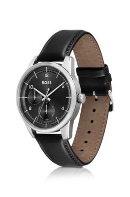 Black-dial multi-eye watch with leather strap, Black