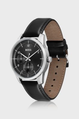 Black-dial multi-eye watch with leather strap, Black