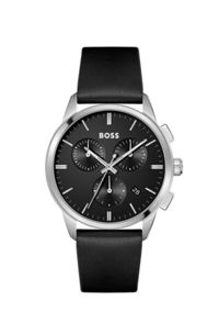 Black-dial chronograph watch with black leather strap, Silver