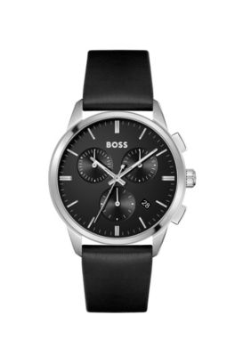 Black-dial chronograph watch with black leather strap, Silver