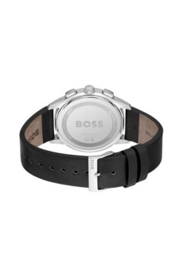 Black-dial chronograph watch with black leather strap, Silver