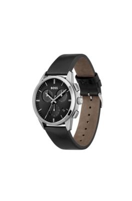 Black-dial chronograph watch with black leather strap, Silver
