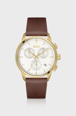 Gold-toned chronograph watch with white dial, Dark Brown