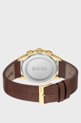 Gold-toned chronograph watch with white dial, Dark Brown