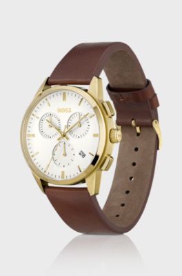 Gold-toned chronograph watch with white dial, Dark Brown