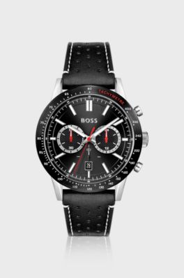 Black-dial chronograph watch with perforated leather strap, Black