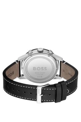 Black-dial chronograph watch with perforated leather strap, Black