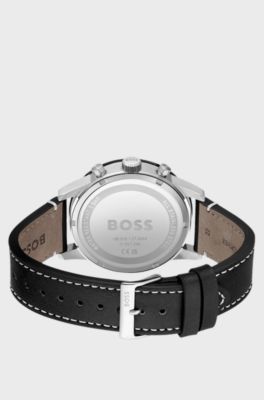 Black-dial chronograph watch with perforated leather strap, Black