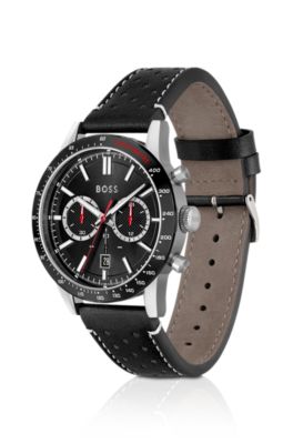Black-dial chronograph watch with perforated leather strap, Black