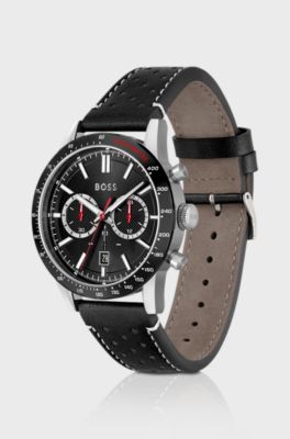 Black-dial chronograph watch with perforated leather strap, Black