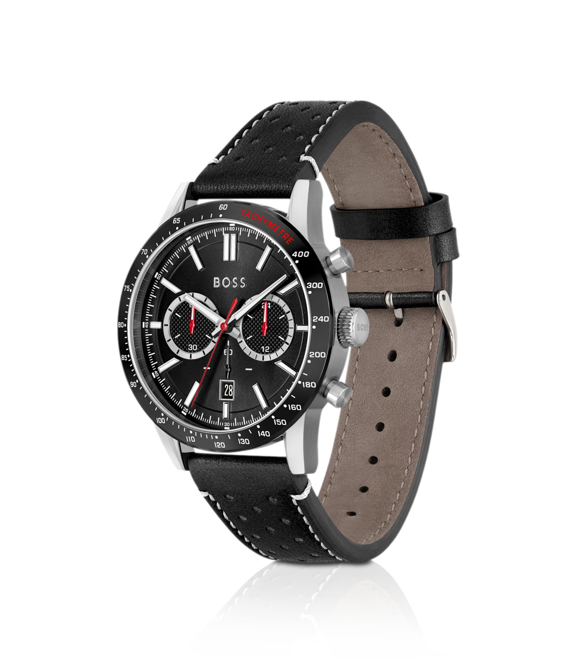 80〜90s HUGO BOSS BOSS - Black-dial chronograph watch with perforated leather strap