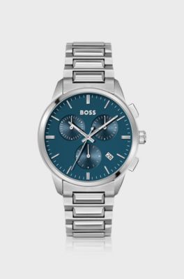 Matte-blue-dial chronograph watch with H-link bracelet, Silver