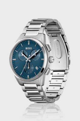Matte-blue-dial chronograph watch with H-link bracelet, Silver