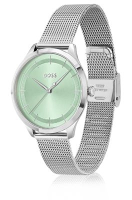 Montre &agrave; cadran vert avec bracelet en maille milanaise, Argent
