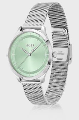Green-dial watch with mesh bracelet, Silver