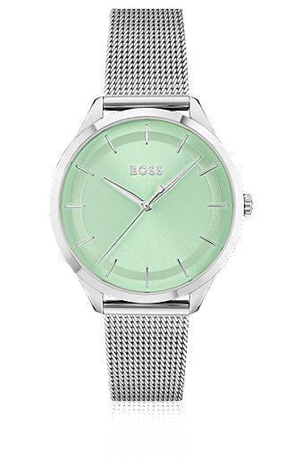 Uhr mit Mesh-Armband und grünem Zifferblatt, Silber