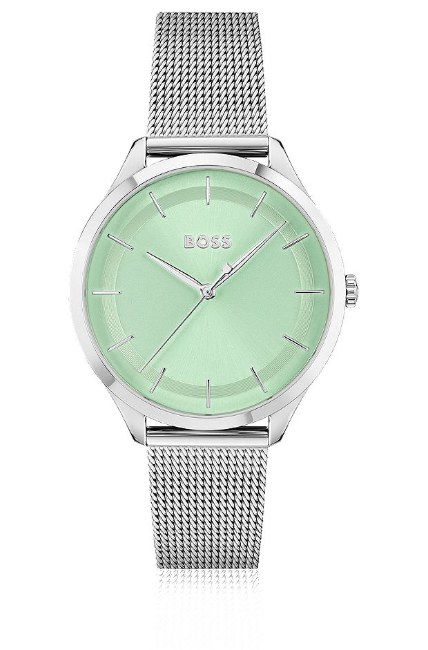 Green-dial watch with mesh bracelet, Silver