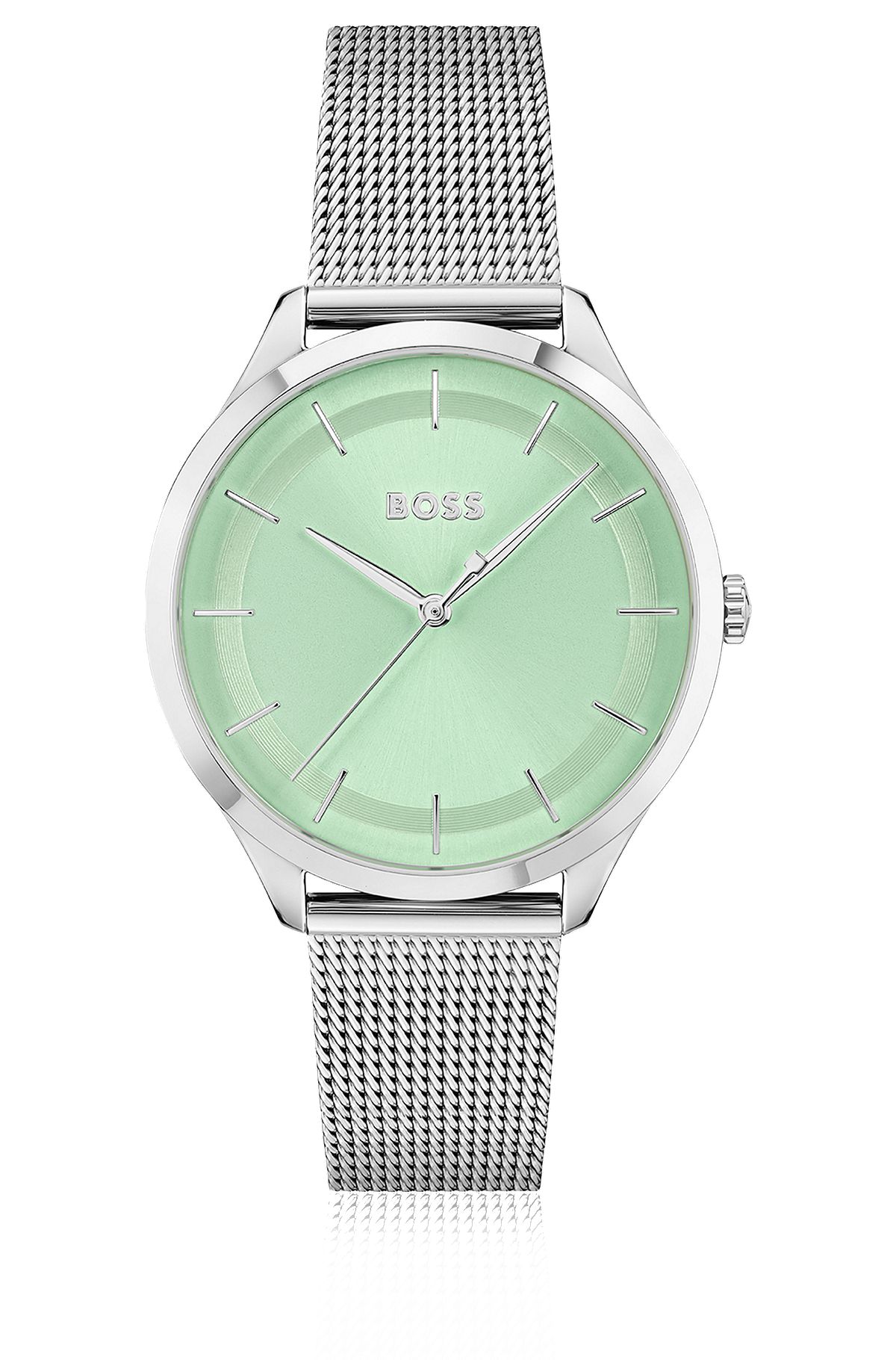 Horloge met groene wijzerplaat en polsband in meshstructuur, Zilver
