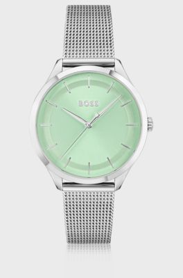 Green-dial watch with mesh bracelet, Silver