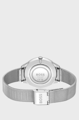 Green-dial watch with mesh bracelet, Silver