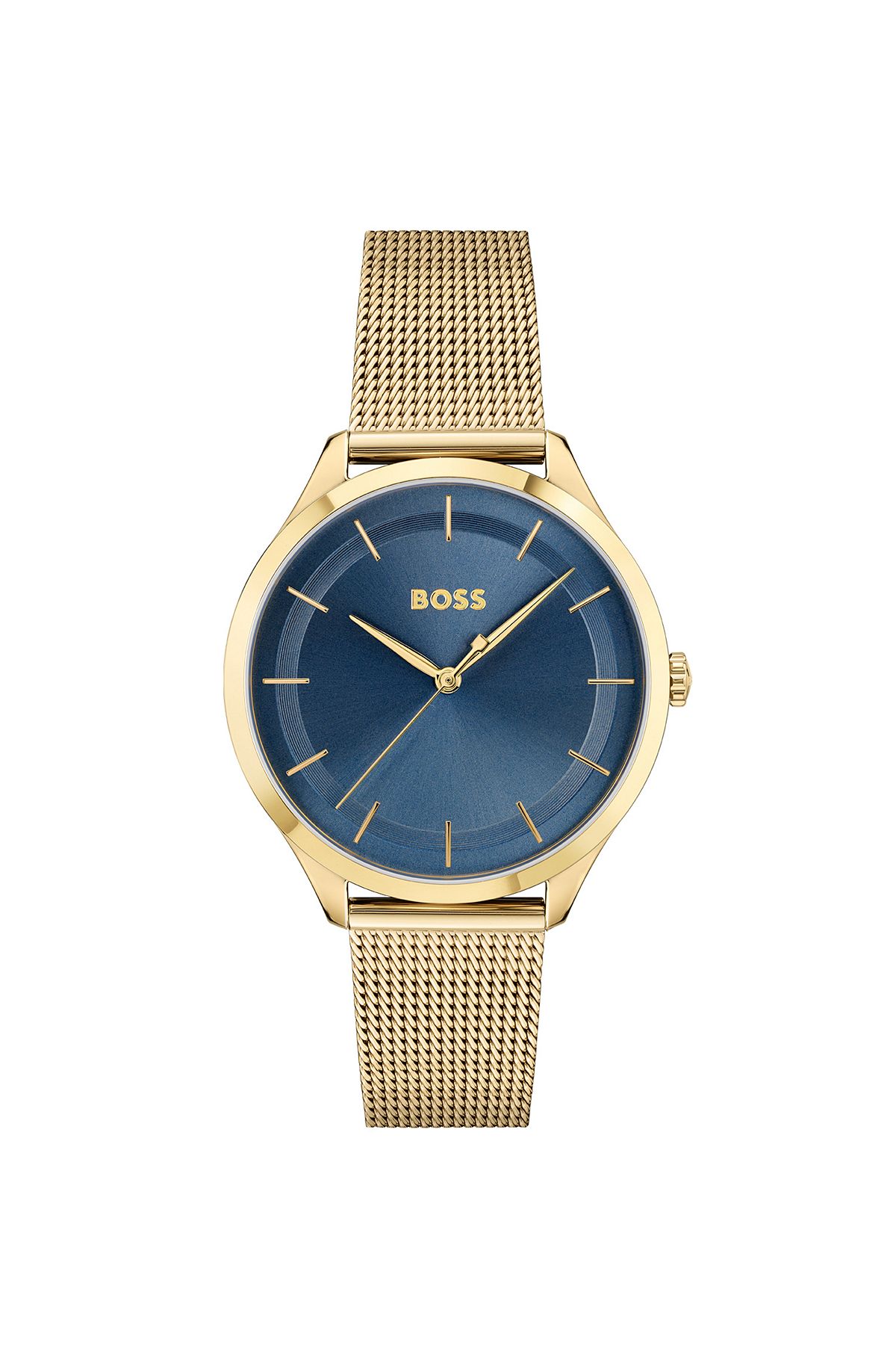 Gold-tone watch with blue dial and mesh bracelet, Gold