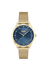 Goldfarbene Uhr mit Mesh-Armband und blauem Zifferblatt, Gold