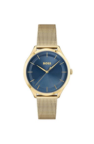 Gold-tone watch with blue dial and mesh bracelet, Gold