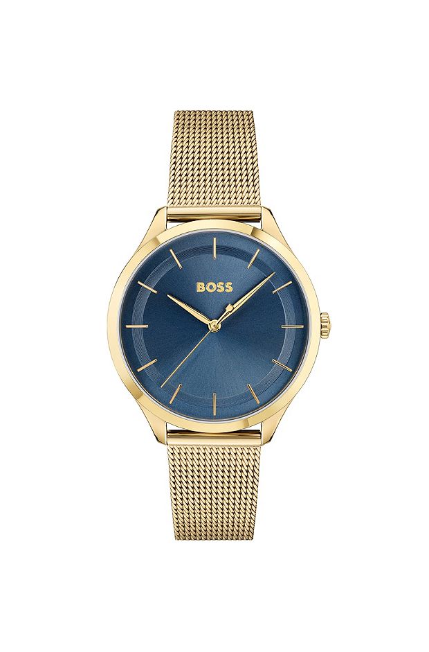 Goudkleurig horloge met blauwe wijzerplaat en mesh polsband, goud